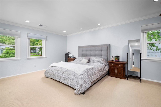 71 Harlan Dr, New Rochelle, NY 10804 - bedroom with multiple windows, light colored carpet, recessed lighting, and ornamental molding