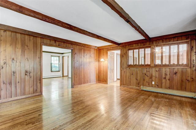 14 Wainscott Ln, East Setauket, NY 11733 - unfurnished room featuring beamed ceiling, hardwood / wood-style floors, a baseboard heating unit, wooden walls, and baseboards