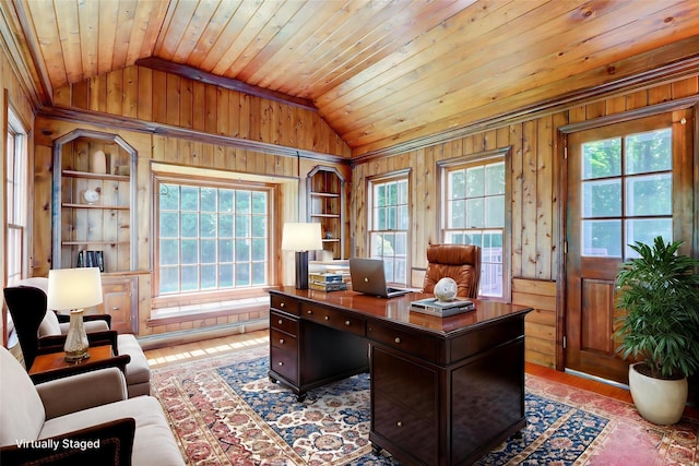14 Wainscott Ln, East Setauket, NY 11733 - office area featuring vaulted ceiling, wooden walls, wood ceiling, built in features, and wood finished floors
