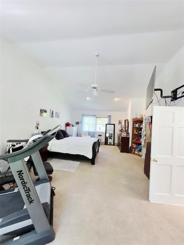 81 Anchor St, Riverhead, NY 11901 - bedroom with light colored carpet, lofted ceiling, and a ceiling fan