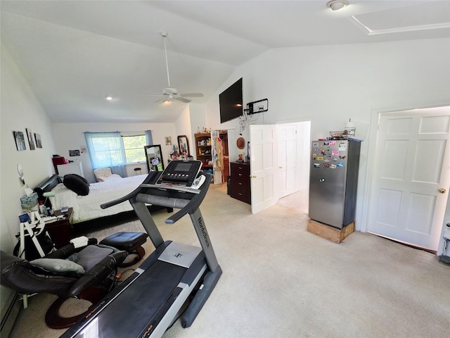 81 Anchor St, Riverhead, NY 11901 - workout room with vaulted ceiling, ceiling fan, and light carpet