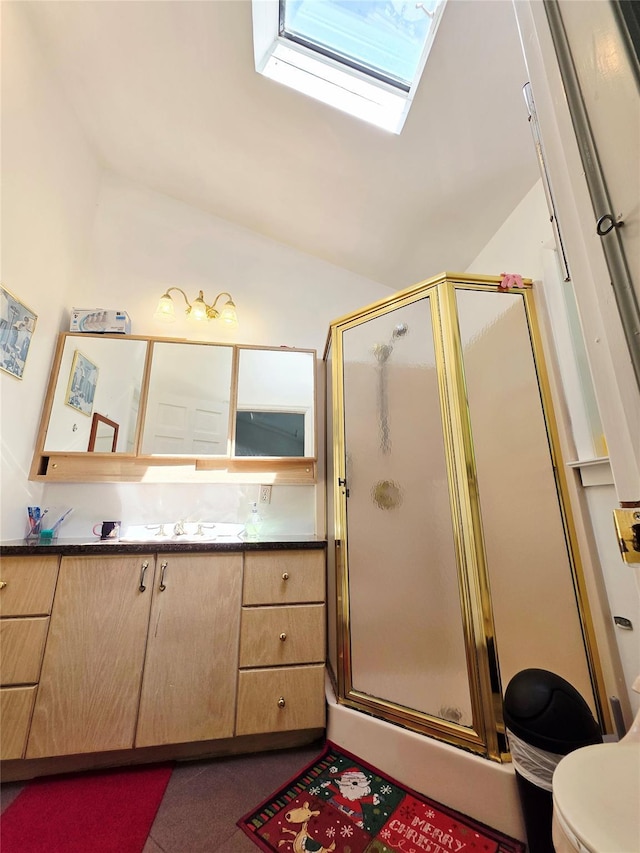 81 Anchor St, Riverhead, NY 11901 - bathroom featuring a skylight, vanity, a stall shower, lofted ceiling, and toilet