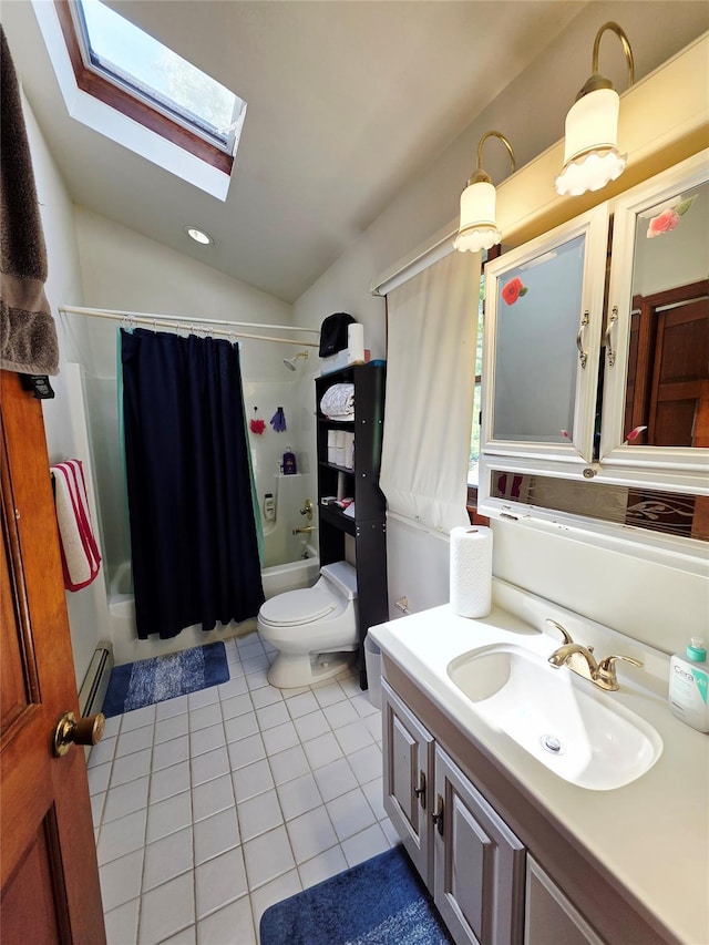 81 Anchor St, Riverhead, NY 11901 - full bath with tile patterned flooring, shower / tub combo with curtain, a skylight, toilet, and vanity
