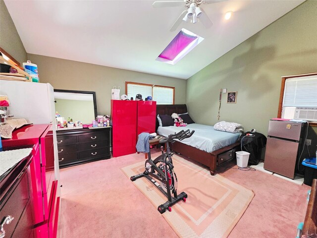 81 Anchor St, Riverhead, NY 11901 - carpeted bedroom featuring a skylight, freestanding refrigerator, lofted ceiling, a ceiling fan, and cooling unit