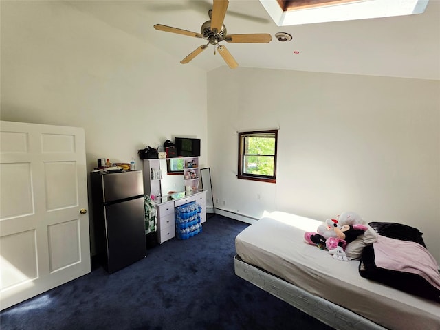 81 Anchor St, Riverhead, NY 11901 - bedroom featuring freestanding refrigerator, lofted ceiling, dark carpet, a baseboard radiator, and a skylight