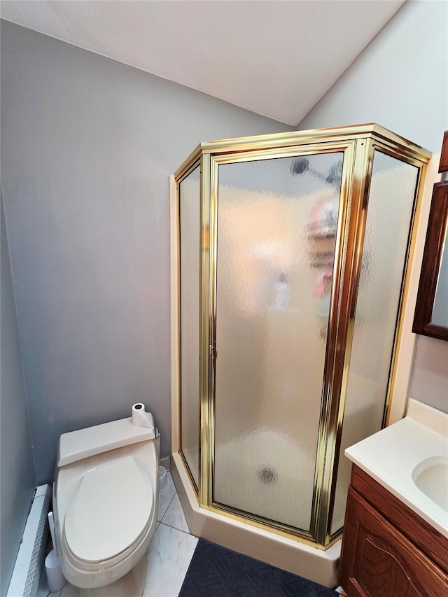 81 Anchor St, Riverhead, NY 11901 - full bath featuring baseboard heating, toilet, a stall shower, vanity, and marble look tile flooring