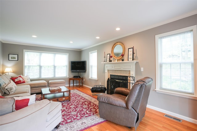 27 Millstream Ct, Pawling, NY 12564 - living room with light wood-type flooring, a fireplace, ornamental molding, and recessed lighting