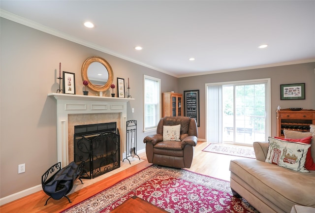 27 Millstream Ct, Pawling, NY 12564 - living area with wood finished floors, a fireplace, recessed lighting, and crown molding