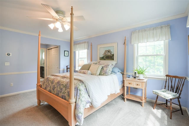 27 Millstream Ct, Pawling, NY 12564 - bedroom featuring multiple windows, crown molding, carpet flooring, a closet, and ceiling fan