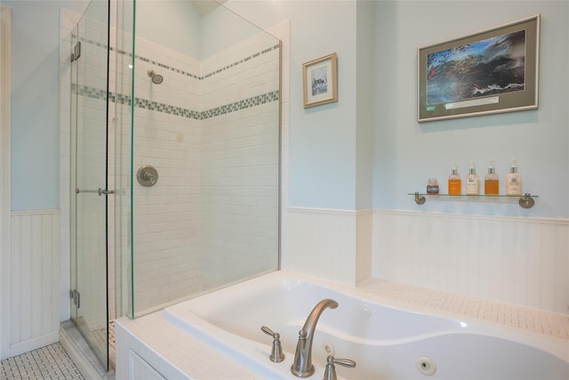27 Millstream Ct, Pawling, NY 12564 - full bath featuring a stall shower, a tub with jets, and wainscoting