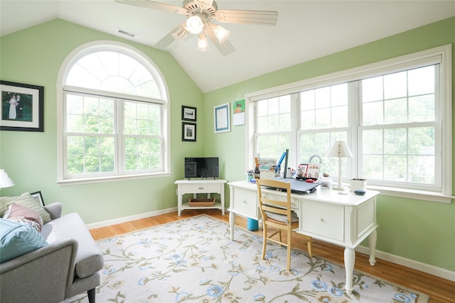 27 Millstream Ct, Pawling, NY 12564 - office space with vaulted ceiling, wood finished floors, and a ceiling fan
