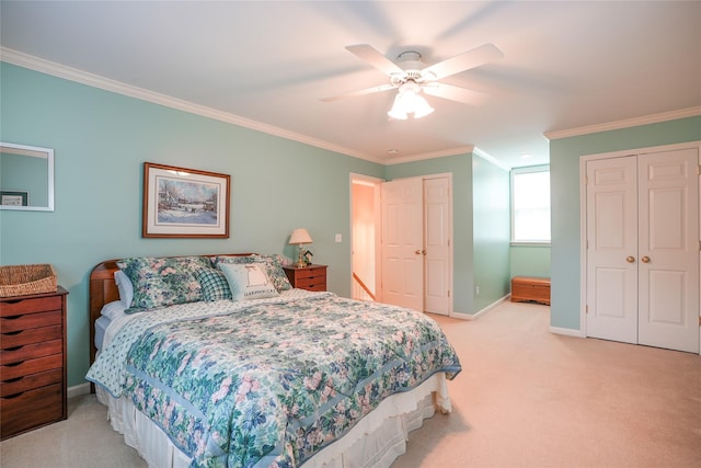27 Millstream Ct, Pawling, NY 12564 - bedroom featuring two closets, light carpet, ornamental molding, and a ceiling fan