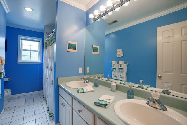 27 Millstream Ct, Pawling, NY 12564 - full bath with double vanity, ornamental molding, tile patterned floors, a shower with shower curtain, and recessed lighting