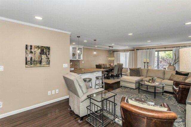 99 S Park # 308, Rockville Centre, NY 11570 - living area with dark wood finished floors, baseboards, recessed lighting, and crown molding