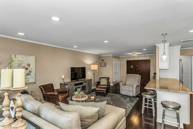 99 S Park # 308, Rockville Centre, NY 11570 - living area with dark wood-style flooring, ornamental molding, and recessed lighting