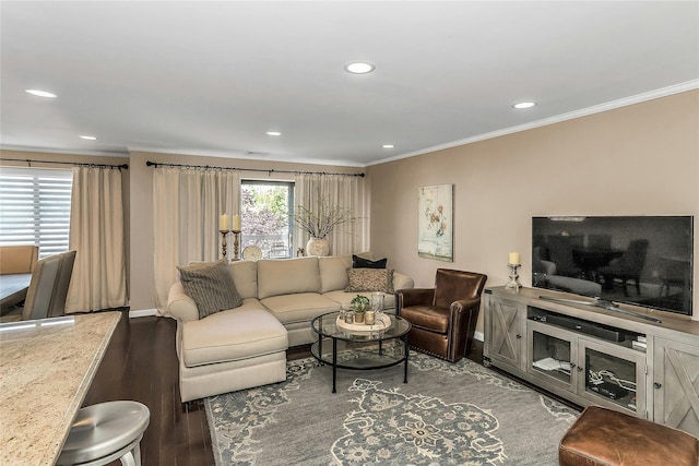 99 S Park # 308, Rockville Centre, NY 11570 - living area with crown molding, wood finished floors, recessed lighting, and baseboards