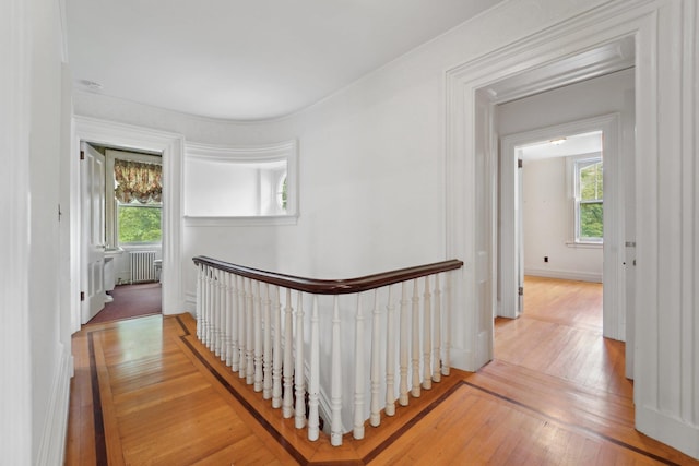 90 Main St, Chester, NY 10918 - hallway with radiator heating unit, plenty of natural light, an upstairs landing, light wood-type flooring, and ornamental molding