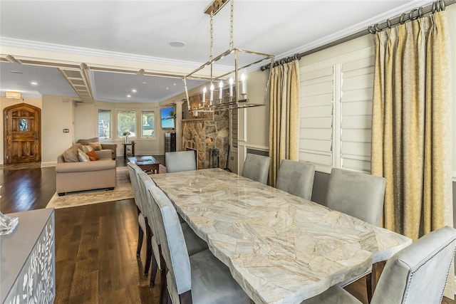 148-03 9th Ave, Whitestone, NY 11357 - dining space featuring dark wood-style flooring, a chandelier, and crown molding