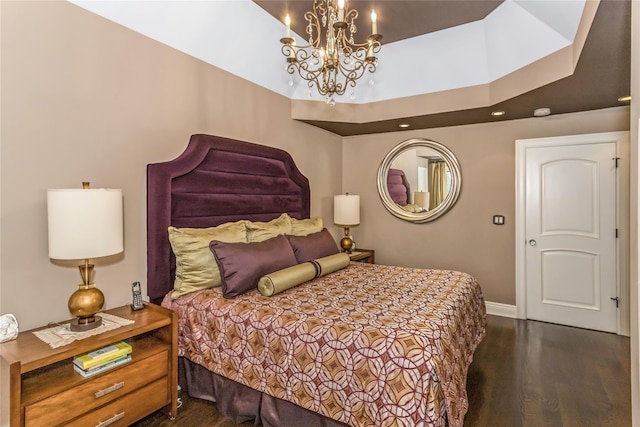 148-03 9th Ave, Whitestone, NY 11357 - bedroom featuring a chandelier, baseboards, dark wood-type flooring, and a towering ceiling