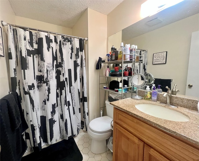 55 Winchester Ave, Peekskill, NY 10566 - bathroom featuring vanity, toilet, a textured ceiling, tile patterned floors, and a shower with shower curtain