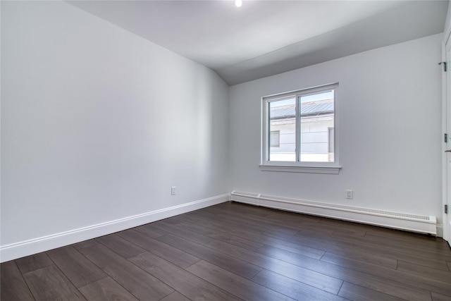 22 May Pl, Staten Island, NY 10312 - unfurnished room featuring a baseboard radiator, baseboards, dark wood finished floors, and lofted ceiling