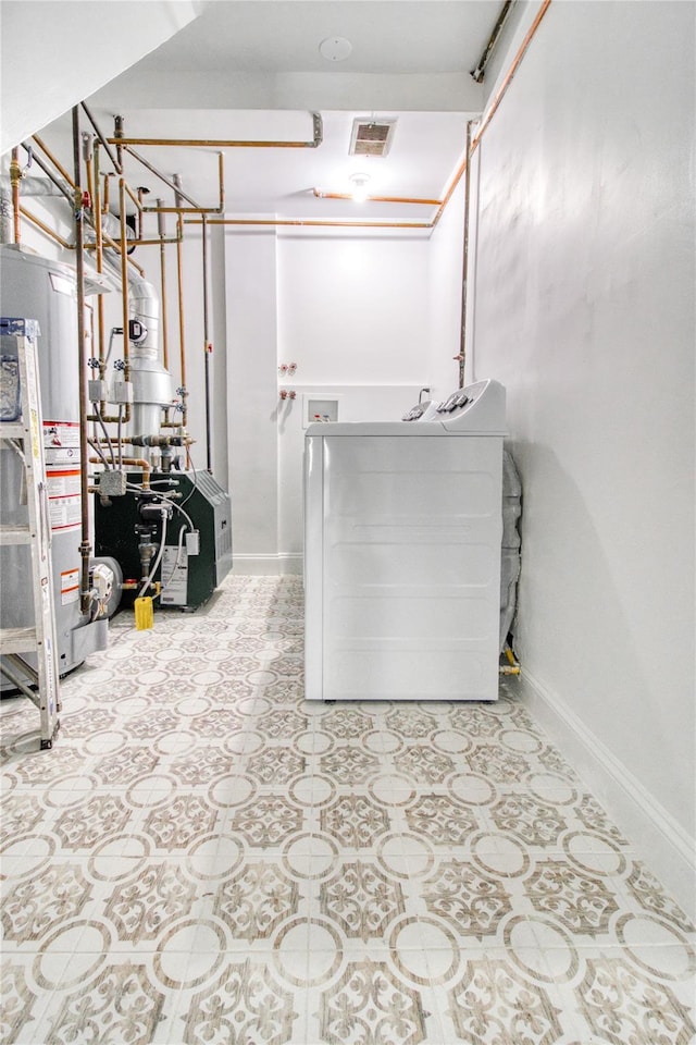 22 May Pl, Staten Island, NY 10312 - laundry room featuring baseboards, gas water heater, a heating unit, and washer / clothes dryer