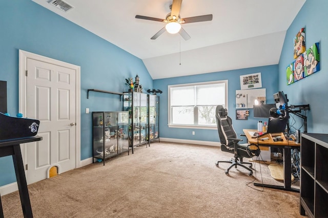 130 Shenandoah Blvd N, Nesconset, NY 11767 - carpeted home office featuring lofted ceiling, ceiling fan, and baseboards