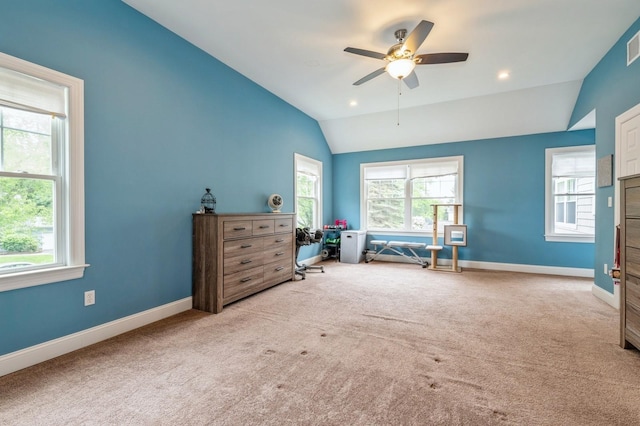 130 Shenandoah Blvd N, Nesconset, NY 11767 - bedroom with vaulted ceiling, multiple windows, carpet flooring, and recessed lighting