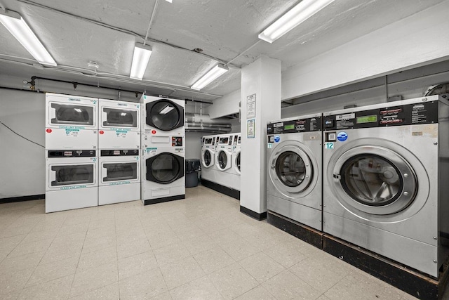 3656 Johnson Ave Unit 4G, Bronx, NY 10463 - community laundry with stacked washing machine and dryer, washer and dryer, tile patterned floors, and baseboards