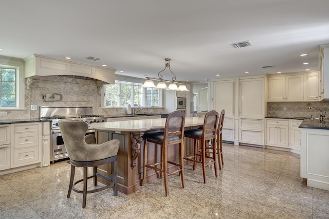 8 Chicken Valley Rd, Old Brookville, NY 11545 - kitchen featuring stainless steel appliances, backsplash, granite floors, plenty of natural light, and recessed lighting