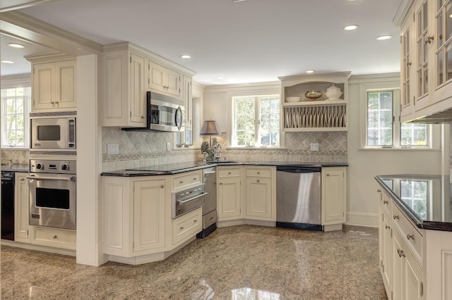 8 Chicken Valley Rd, Old Brookville, NY 11545 - kitchen featuring appliances with stainless steel finishes, dark countertops, healthy amount of natural light, granite tiled floors, and recessed lighting