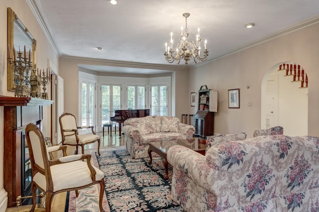 8 Chicken Valley Rd, Old Brookville, NY 11545 - living room featuring arched walkways, ornamental molding, and a chandelier