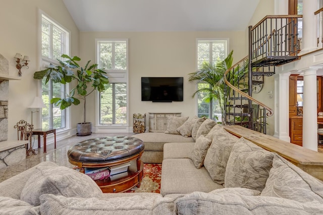 8 Chicken Valley Rd, Old Brookville, NY 11545 - living room featuring high vaulted ceiling, stairs, and a fireplace