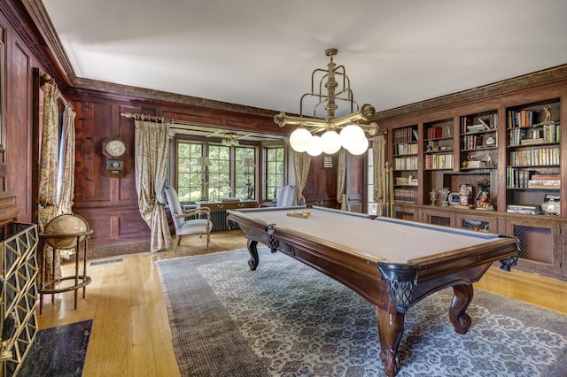 8 Chicken Valley Rd, Old Brookville, NY 11545 - recreation room featuring pool table, light wood-style floors, crown molding, and wood walls