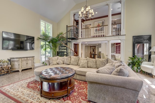 8 Chicken Valley Rd, Old Brookville, NY 11545 - living area with high vaulted ceiling, decorative columns, stairs, a chandelier, and baseboards