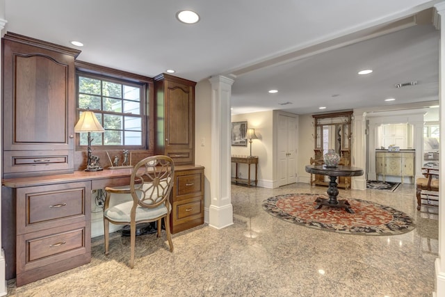 8 Chicken Valley Rd, Old Brookville, NY 11545 - office area with decorative columns, baseboards, recessed lighting, and granite tiled floors