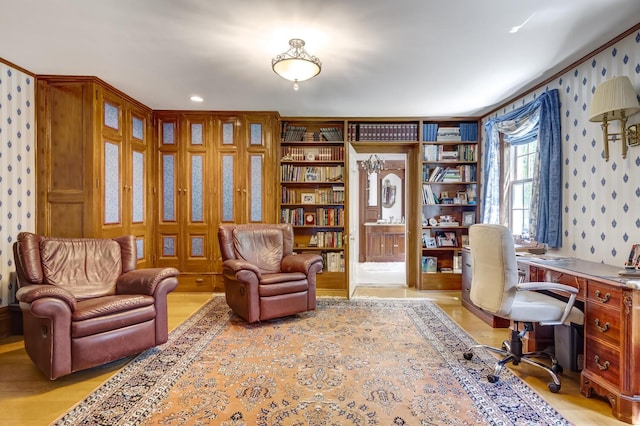 8 Chicken Valley Rd, Old Brookville, NY 11545 - home office with wallpapered walls and light wood-style flooring