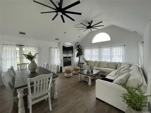 24 Bungalow Walk, Ocean Beach, NY 11770 - living area featuring vaulted ceiling, a ceiling fan, and dark wood-style flooring