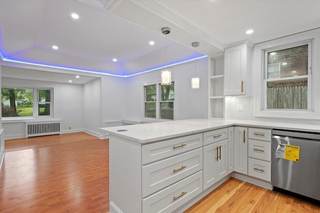 8 Lafayette Ave, Lake Grove, NY 11755 - kitchen featuring dishwasher, radiator heating unit, a peninsula, white cabinets, and light wood-type flooring