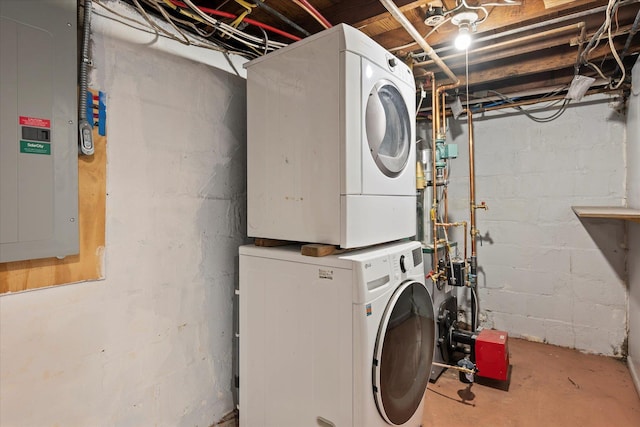 8 Lafayette Ave, Lake Grove, NY 11755 - washroom featuring estacked washer and dryer and electric panel