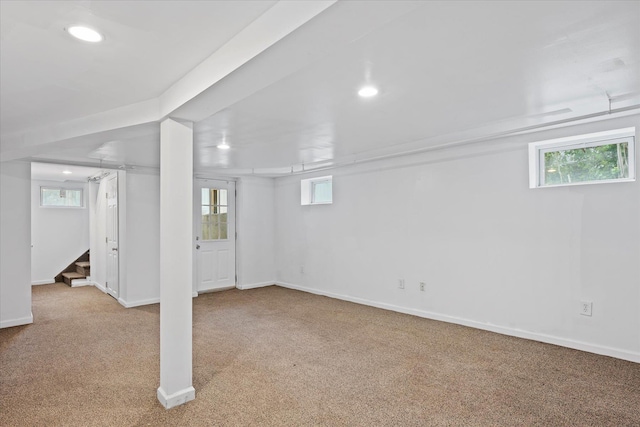 8 Lafayette Ave, Lake Grove, NY 11755 - basement with carpet flooring, stairway, recessed lighting, baseboards, and plenty of natural light