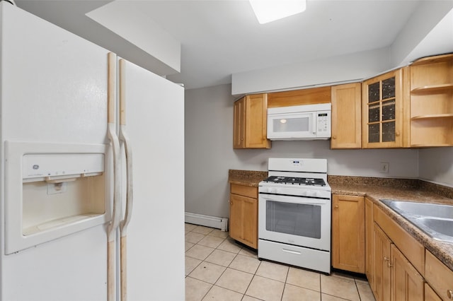 1668 Rte 9 Unit 10D, Wappingers Falls, NY 12590 - kitchen featuring white appliances, a baseboard heating unit, light tile patterned floors, and open shelves