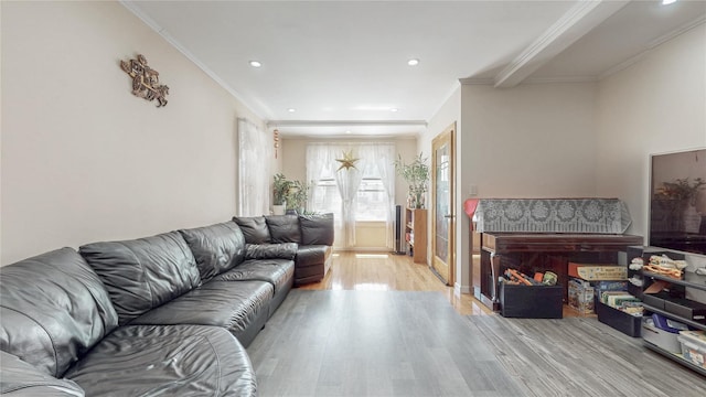 68-37 Kessel St, Forest Hills, NY 11375 - living area featuring light wood-style flooring, recessed lighting, and ornamental molding