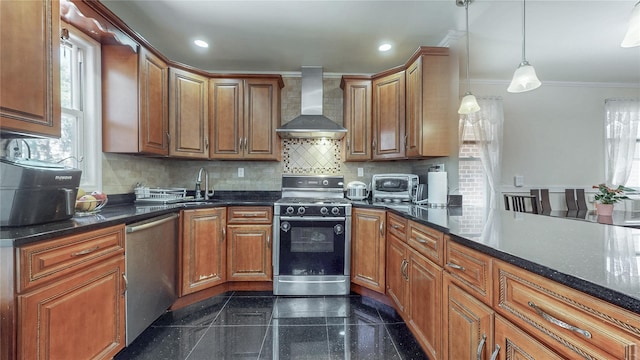 68-37 Kessel St, Forest Hills, NY 11375 - kitchen with gas stove, wall chimney exhaust hood, dishwasher, granite floors, and ornamental molding