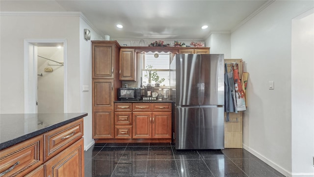 68-37 Kessel St, Forest Hills, NY 11375 - kitchen featuring freestanding refrigerator, granite tiled floors, baseboards, black microwave, and crown molding