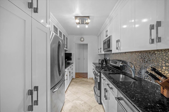 555 Kappock St Unit 17D, Bronx, NY 10463 - kitchen with stainless steel appliances, a sink, dark stone countertops, tasteful backsplash, and crown molding