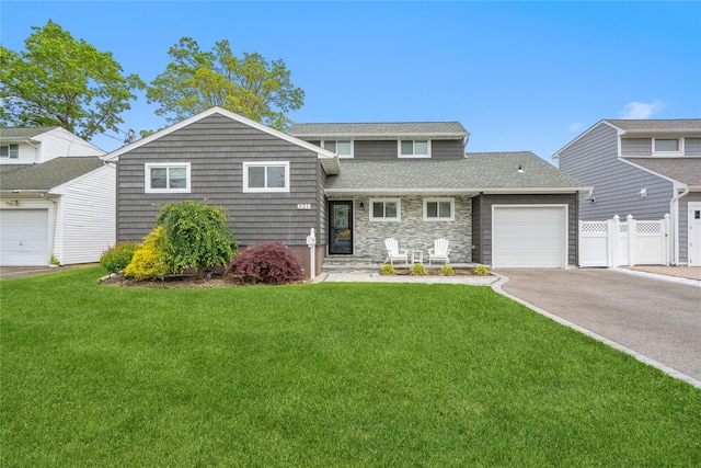 321 2nd Ave, Massapequa Park, NY 11762 - split level home featuring asphalt driveway, a garage, and stone siding