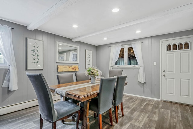 25 Biscayne Dr, Selden, NY 11784 - dining space with beam ceiling, wood finished floors, healthy amount of natural light, and recessed lighting