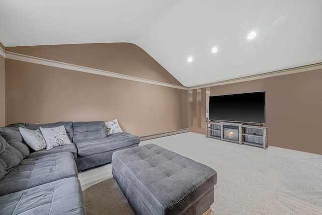 25 Biscayne Dr, Selden, NY 11784 - living room with lofted ceiling, carpet floors, recessed lighting, and baseboard heating