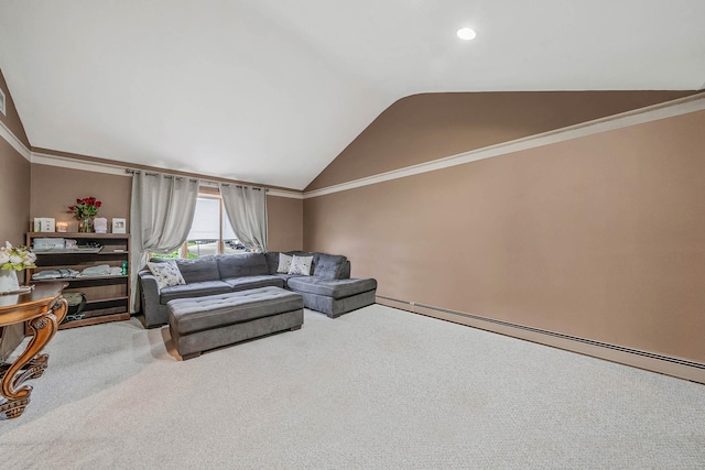 25 Biscayne Dr, Selden, NY 11784 - living room with vaulted ceiling, carpet floors, baseboard heating, ornamental molding, and recessed lighting